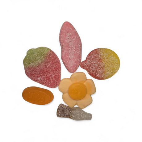 Sockerbit Swedish Candy Single Serving Bag (1.6 oz) features six GMO-free gummies in assorted shapes and colors—such as flower, strawberry, bottle, and oval—neatly arranged on a white background. Enjoy this delightful Swedish treat!.