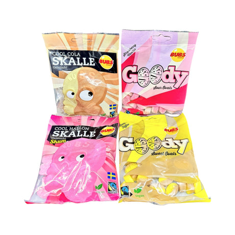 The Bubs Goody 4-Pack Bundle – The Ultimate Swedish Sour & Sweet Mix showcases Cool Cola Skalle, Cool Hallon Skalle, Goody Sour Owls, and Goody Sweet Owls in vibrant Fairtrade sugar packaging.