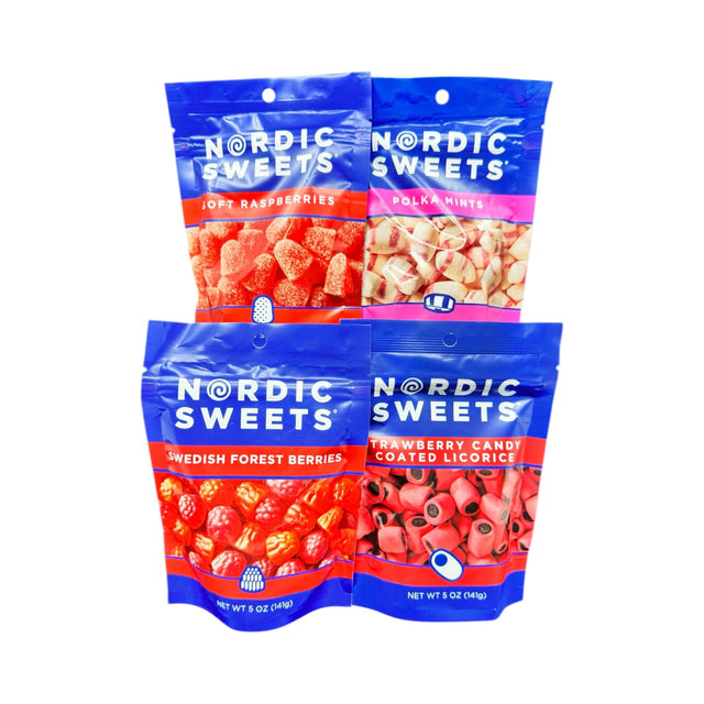 The Bundle: Nordic Sweets 4-Pack – A Classic Scandinavian Candy Sampler includes Soft Raspberries, Polka Mints, Swedish Forest Berries, and Strawberry Candy Coated Swedish Licorice arranged in a 2x2 grid.