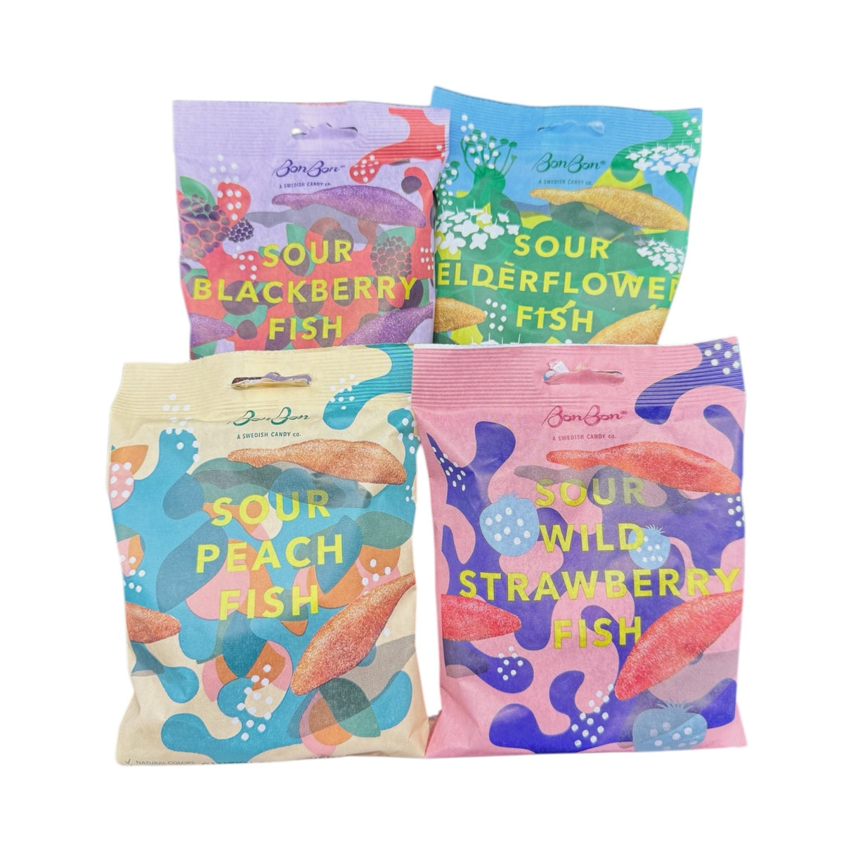 The Bundle: BonBon Sour 4-Pack – The Ultimate Swedish Fish Reimagined features four vibrant sour gummies—Blackberry, Elderflower, Peach, and Wild Strawberry—offering an ethically crafted and delicious new spin on the classic Swedish Fish.