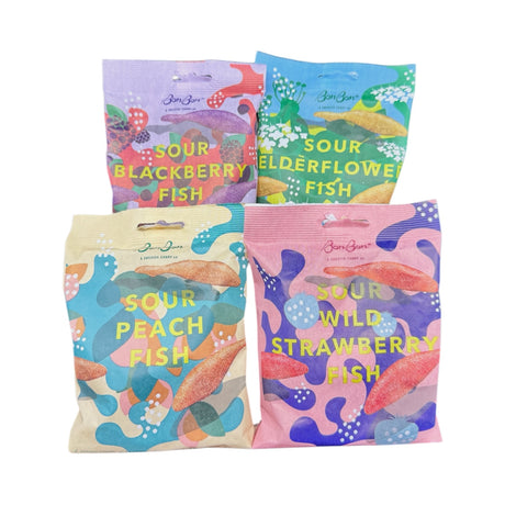 The Bundle: BonBon Sour 4-Pack – The Ultimate Swedish Fish Reimagined features four vibrant sour gummies—Blackberry, Elderflower, Peach, and Wild Strawberry—offering an ethically crafted and delicious new spin on the classic Swedish Fish.
