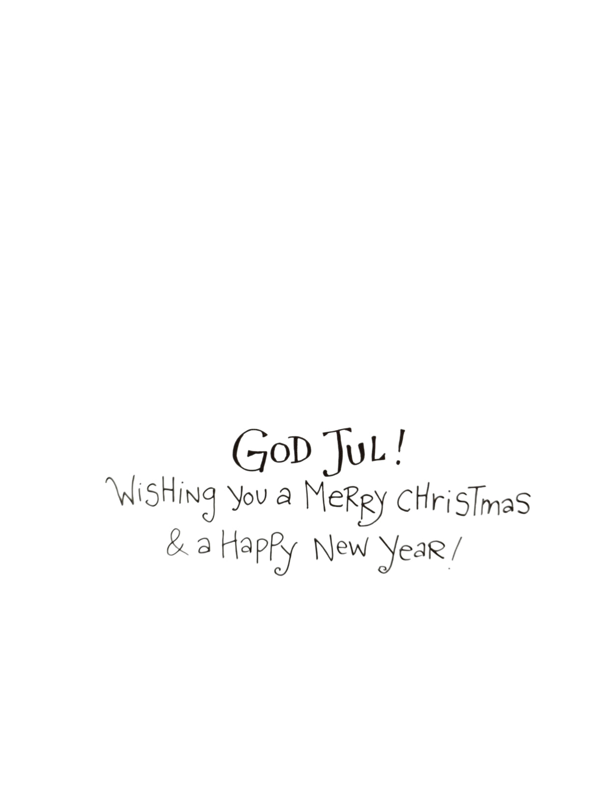 Centered handwritten text reads "God Jul! Wishing you a Merry Christmas & a Happy New Year!" on white, inspired by Kirsten Sevig's festive style. From the Card Pack: Christmas Cards by Kirsten Sevig, pack of 8 in card box with envelopes.