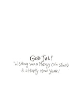 Centered handwritten text reads "God Jul! Wishing you a Merry Christmas & a Happy New Year!" on white, inspired by Kirsten Sevig's festive style. From the Card Pack: Christmas Cards by Kirsten Sevig, pack of 8 in card box with envelopes.