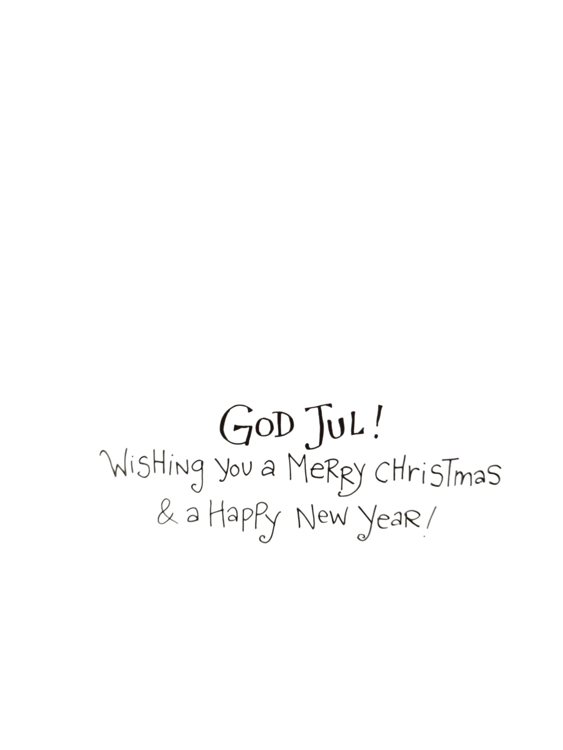 Centered handwritten text reads "God Jul! Wishing you a Merry Christmas & a Happy New Year!" on white, inspired by Kirsten Sevig's festive style. From the Card Pack: Christmas Cards by Kirsten Sevig, pack of 8 in card box with envelopes.