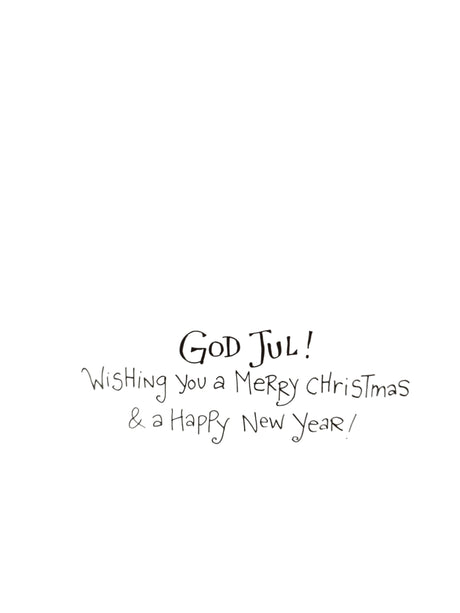 Centered handwritten text reads "God Jul! Wishing you a Merry Christmas & a Happy New Year!" on white, inspired by Kirsten Sevig's festive style. From the Card Pack: Christmas Cards by Kirsten Sevig, pack of 8 in card box with envelopes.