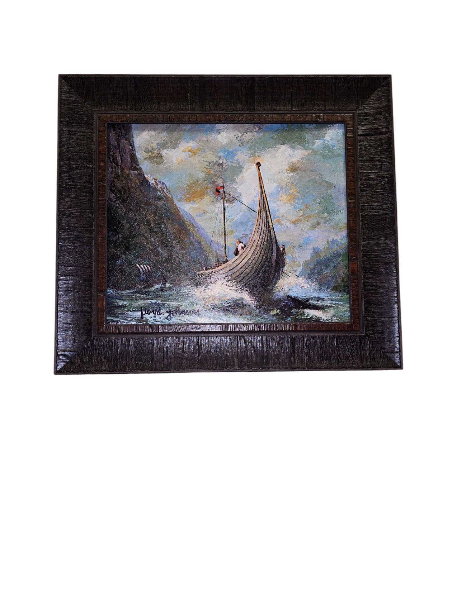 The Scandinavian Heritage artwork by Floyd Johnson features a Viking ship navigating rough seas against mountains, set under a dramatic cloudy sky. The acrylic piece is accented with a dark brown wood frame.