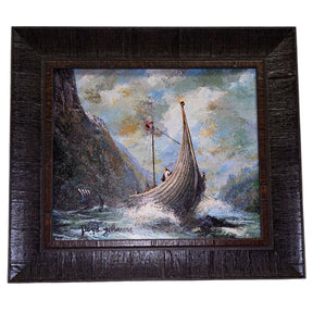 The Scandinavian Heritage artwork by Floyd Johnson features a Viking ship navigating rough seas against mountains, set under a dramatic cloudy sky. The acrylic piece is accented with a dark brown wood frame.