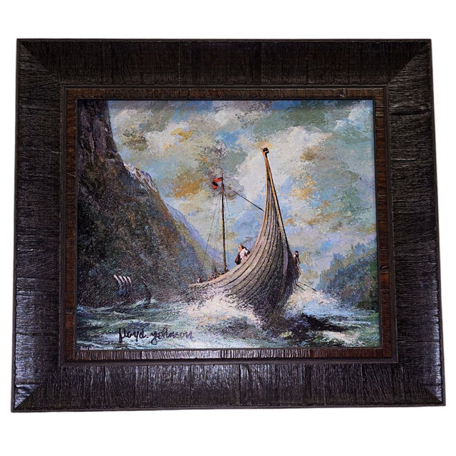 The Scandinavian Heritage artwork by Floyd Johnson features a Viking ship navigating rough seas against mountains, set under a dramatic cloudy sky. The acrylic piece is accented with a dark brown wood frame.