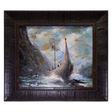 Artwork: Scandinavian Heritage by Floyd Johnson, offered by Faire - Scandinavian Specialties, features a Viking longship with crew navigating rough seas under cloudy skies. Cliffs and smaller vessels complete this beautifully framed maritime scene.