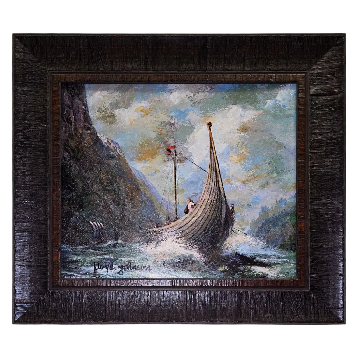 Artwork: Scandinavian Heritage by Floyd Johnson, offered by Faire - Scandinavian Specialties, features a Viking longship with crew navigating rough seas under cloudy skies. Cliffs and smaller vessels complete this beautifully framed maritime scene.