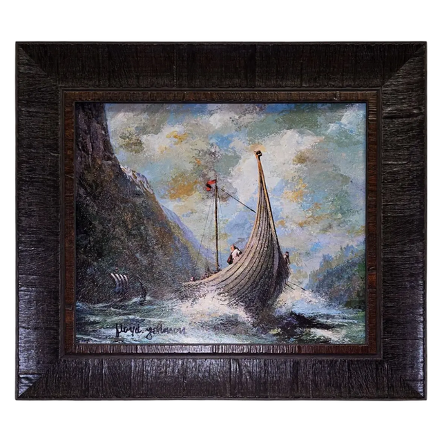 Artwork: Scandinavian Heritage by Floyd Johnson, offered by Faire - Scandinavian Specialties, features a Viking longship with crew navigating rough seas under cloudy skies. Cliffs and smaller vessels complete this beautifully framed maritime scene.