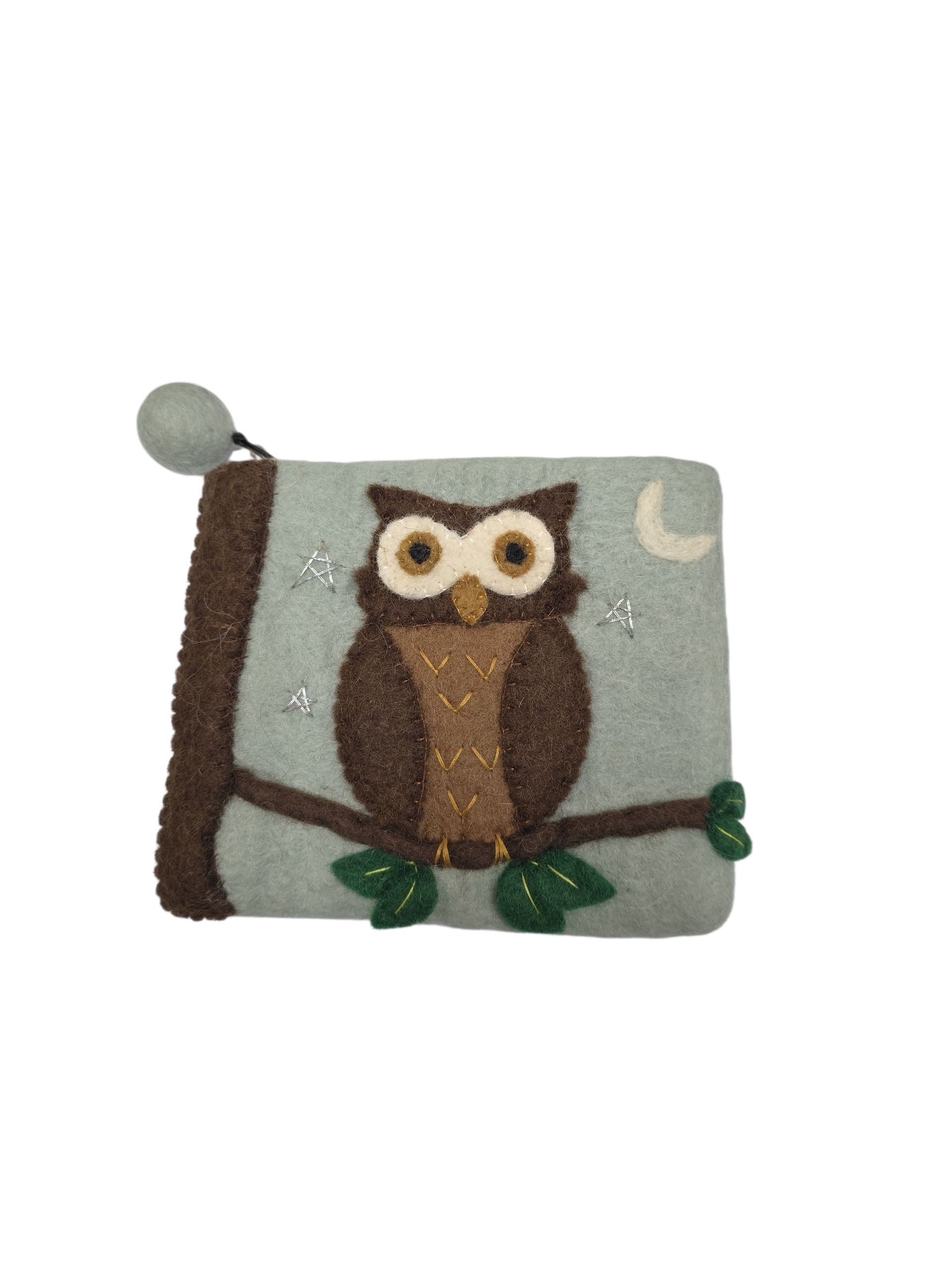 Light green wool felt coin purse featuring a brown owl on a brown tree branch, measuring 5" x 4.5". Handcrafted in Nepal.