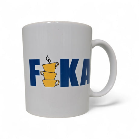 Mug: Stacked "FIKA" in Blue with Yellow Stacked Coffee Cups (11oz)