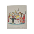 Swedish dishcloth with cartoon children dressed in St. Lucia, Santa, gingerbread man, and star hat costumes on a white background.