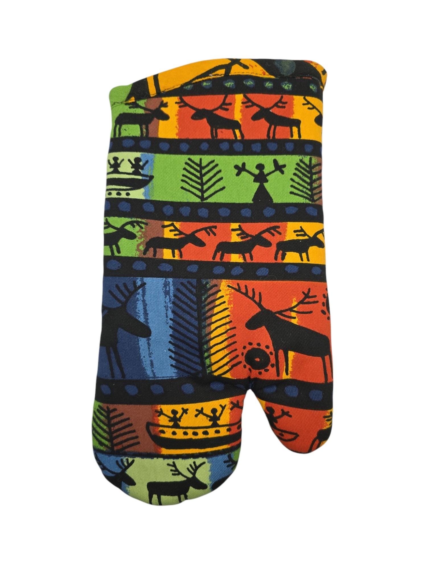 The Oven Mitt: Sami Drawings by Heidi Lange showcases reindeer, trees, and crowns in vibrant blue, green, yellow, orange, and red stripes on white, inspired by traditional Sami motifs.