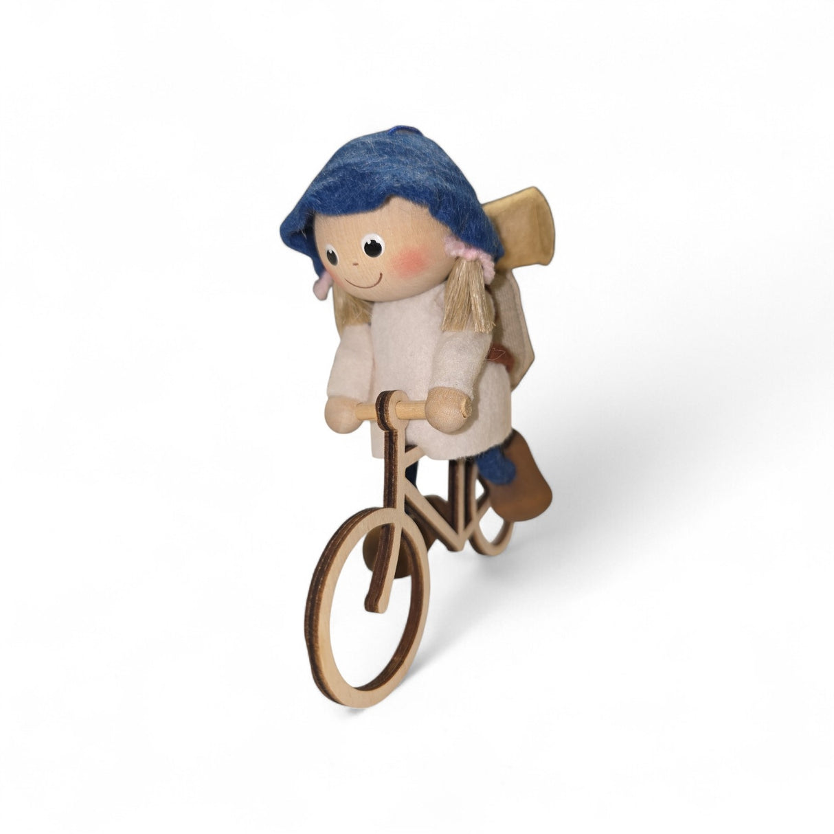 Figurine: Tomte Girl on Bike with Backpack 4.5" Tall with Hanging String Handcrafted in Scandinavia