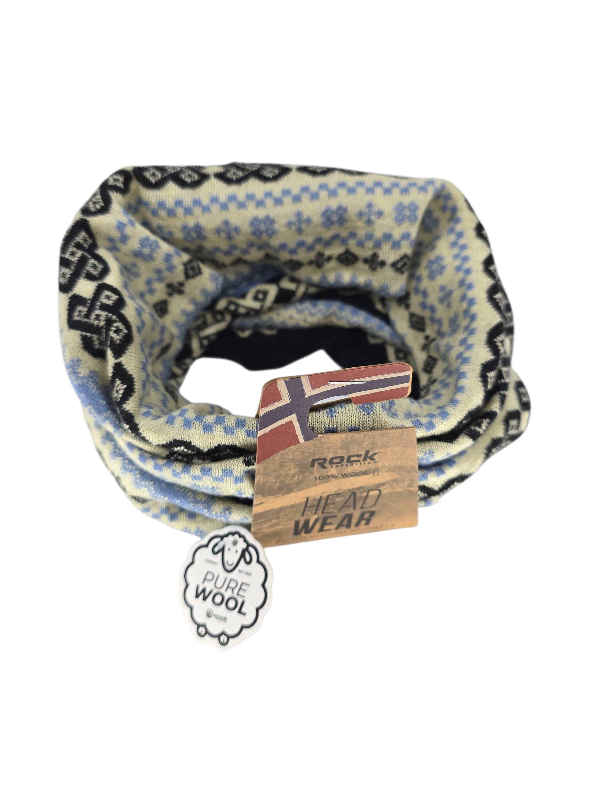 The Neck Warmer: Blue, Black, Off White Multifunctional Headwear features a patterned 100% wool design with PURE WOOL and HEAD WEAR tags plus a small Norwegian flag; it can be worn as a headband or neck warmer.