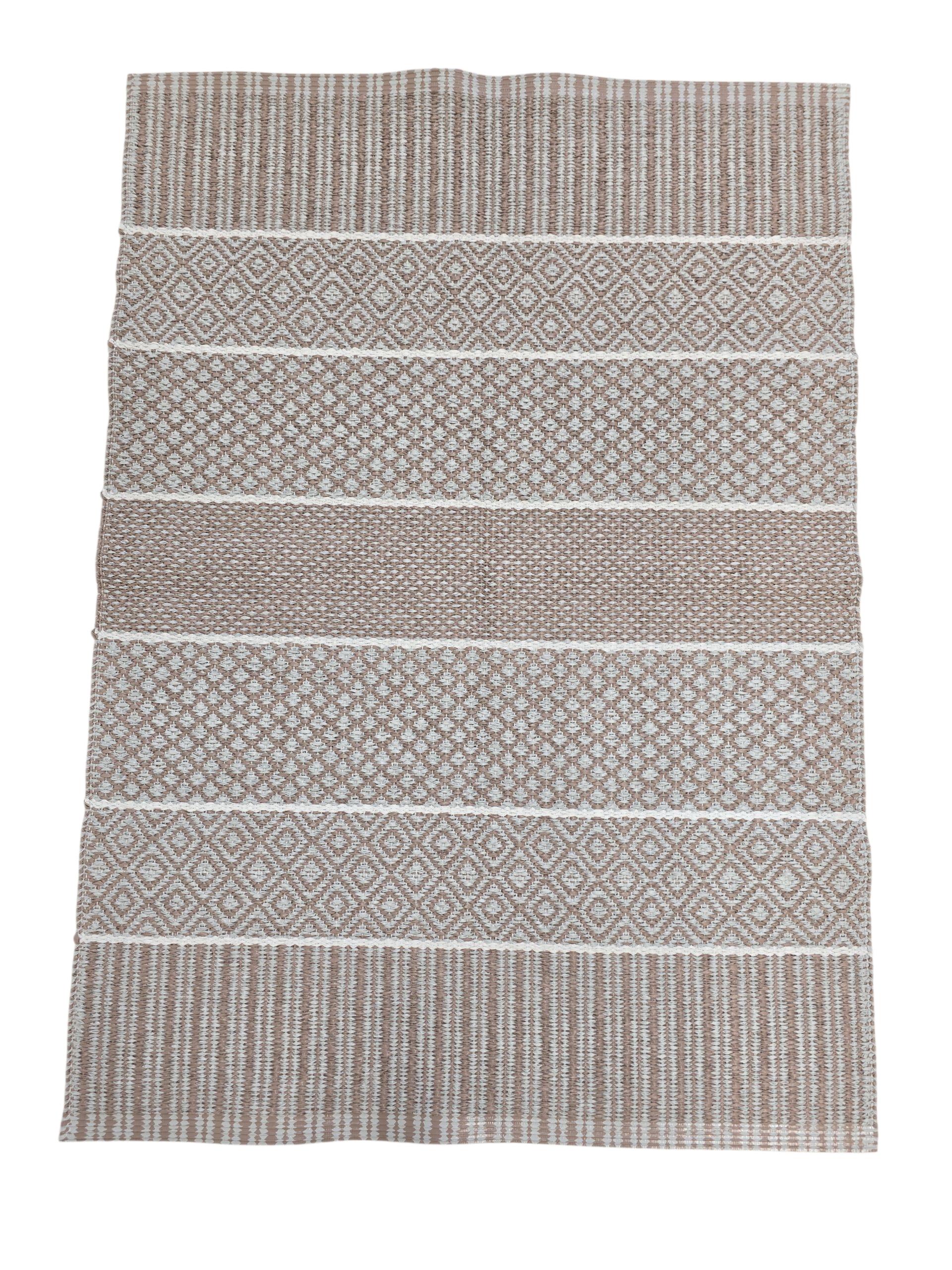 The Horredsmattan Alfie Heather vinyl rug features alternating geometric bands in beige and white, shown flat on a white background.