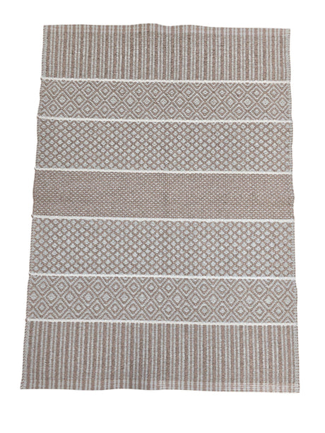 The Horredsmattan Alfie Heather vinyl rug features alternating geometric bands in beige and white, shown flat on a white background.