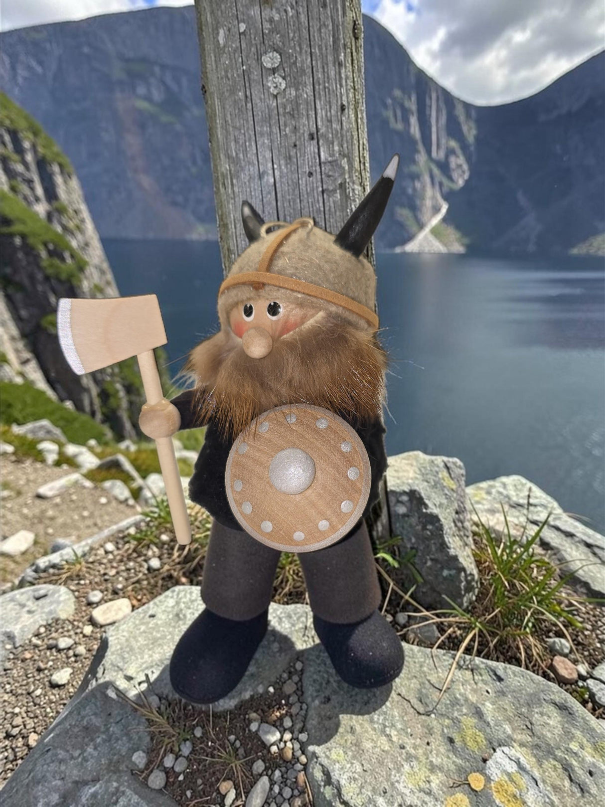Figurine: Viking Tomte _ Gnome with Helmet Axe and Shield Handcrafted of Wood and Wool in Scandinavia 3.75" tall