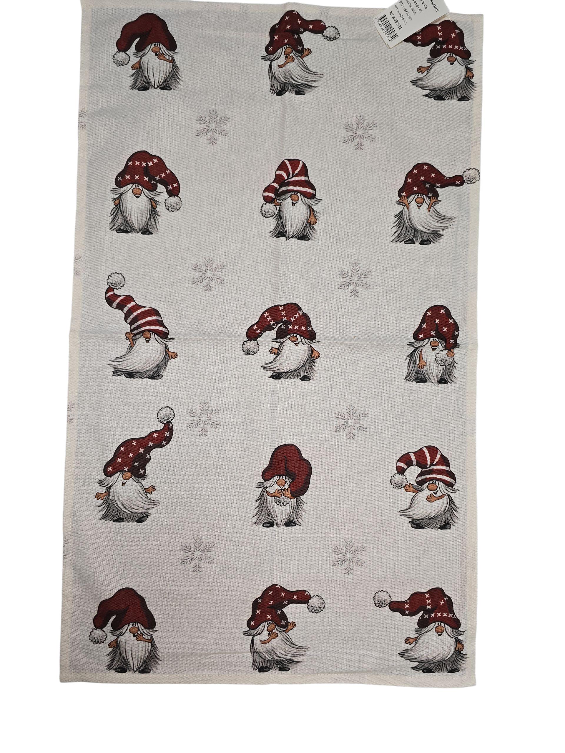 The Julian White Holiday Tomte Tea Towel (17.5" x 29" approx) features a festive rectangular design with red-hatted gnomes and snowflakes on a light background.