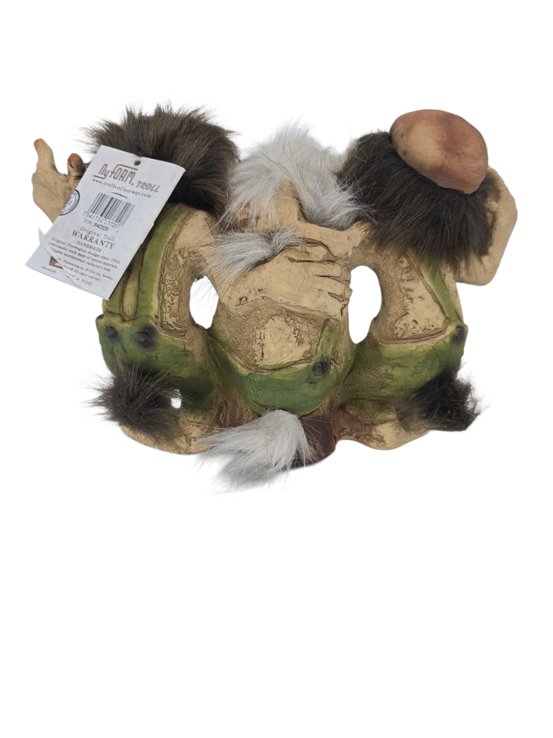 The Trolls: “Three Pals” Troll Figurine by NyForm features three whimsical green trolls with brown and white faux fur and a tag, measuring 6.8" H × 11" L × 4" D, inspired by original Norwegian troll collectibles.