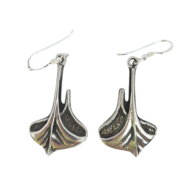 Norwegian-crafted Viking Ship pendant necklace in pewter and sterling silver, comes with a 24" chain; pendant measures 2" × 1.25", featuring smooth curved lines and a polished finish.