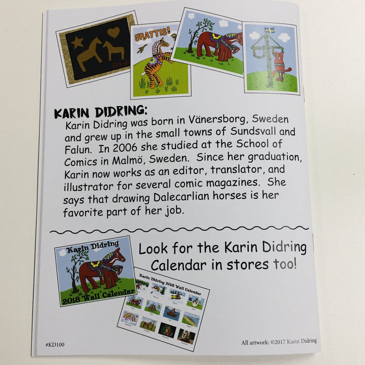 The back cover of the "Activity Book: Dala Horse Coloring Book" showcases vibrant horse-themed artwork, along with a biography of renowned artist Karin Didring. Dive into her illustrious career in comics and magazines, and explore the vivid illustrations that capture her unique artistic flair.