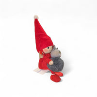 Figurine: Tomte Girl or Boy with Cat 4" Tall Seated Handcrafted in Scandinavia