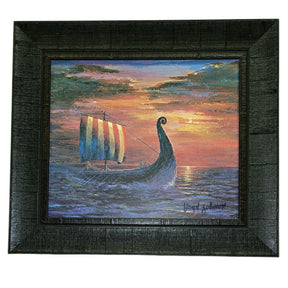 The Scandinavian artwork Final Light At Sea by Floyd Johnson features a Viking ship with a colorful striped sail gliding across the sea at sunset, displayed in an acrylic with dark brown frame.