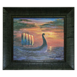 Final Light At Sea by Floyd Johnson (Faire - Scandinavian Specialties): Framed acrylic artwork of a Viking ship with striped sail at sunset, dramatic clouds, and vibrant colors reflected on the ocean in a dark brown frame.