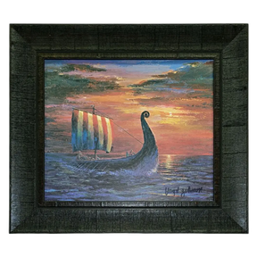 Final Light At Sea by Floyd Johnson (Faire - Scandinavian Specialties): Framed acrylic artwork of a Viking ship with striped sail at sunset, dramatic clouds, and vibrant colors reflected on the ocean in a dark brown frame.