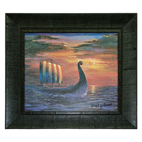 Final Light At Sea by Floyd Johnson (Faire - Scandinavian Specialties): Framed acrylic artwork of a Viking ship with striped sail at sunset, dramatic clouds, and vibrant colors reflected on the ocean in a dark brown frame.