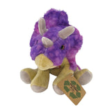 The Plush: Triceratops w/ Roaring Sound is an 8 long purple and yellow dinosaur toy with a recycled symbol tag on its foot, shown against a plain white background.