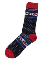 Socks: Wool Wear - Scandi Knit Navy/Red 60% Wool Socks feature a navy base with red heel, toe, and cuff, adorned with white dots and red, white, and blue geometric patterns inspired by classic Norwegian designs.
