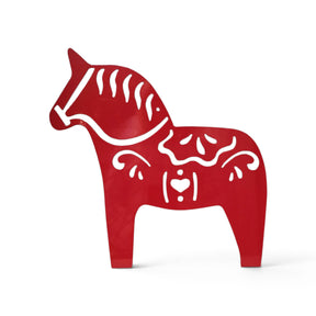 Red Dala horse ornament with white rosemaling patterns and a heart detail.
