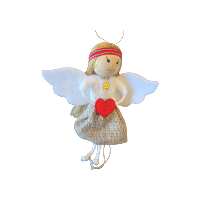 Wool-felted Scandinavian angel ornament with white wings, a red heart, and a woven red headband.