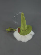 Green felt gnome ornament with a white beard and a hanging string.