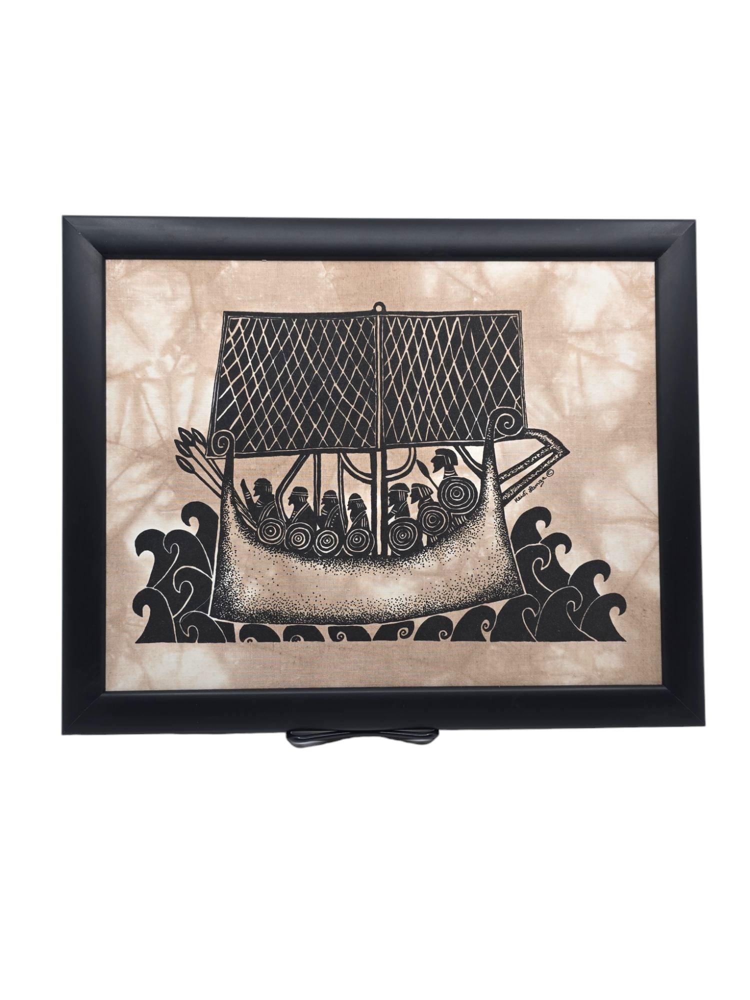 Framed artwork titled Viking Ship by Heidi Lange, featuring a Viking ship with rowers and sails on stylized waves, in a 15x12 black frame.