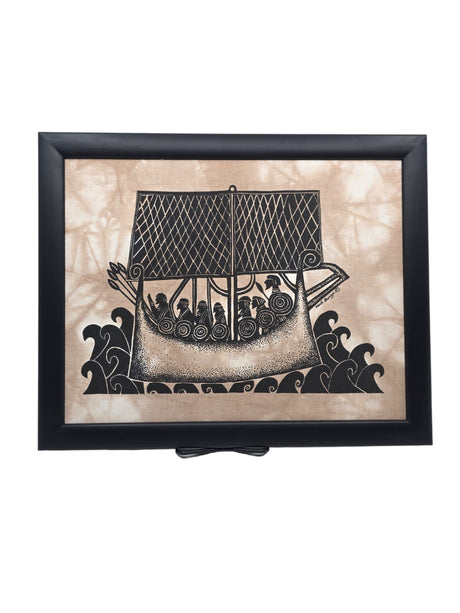Framed artwork titled Viking Ship by Heidi Lange, featuring a Viking ship with rowers and sails on stylized waves, in a 15x12 black frame.