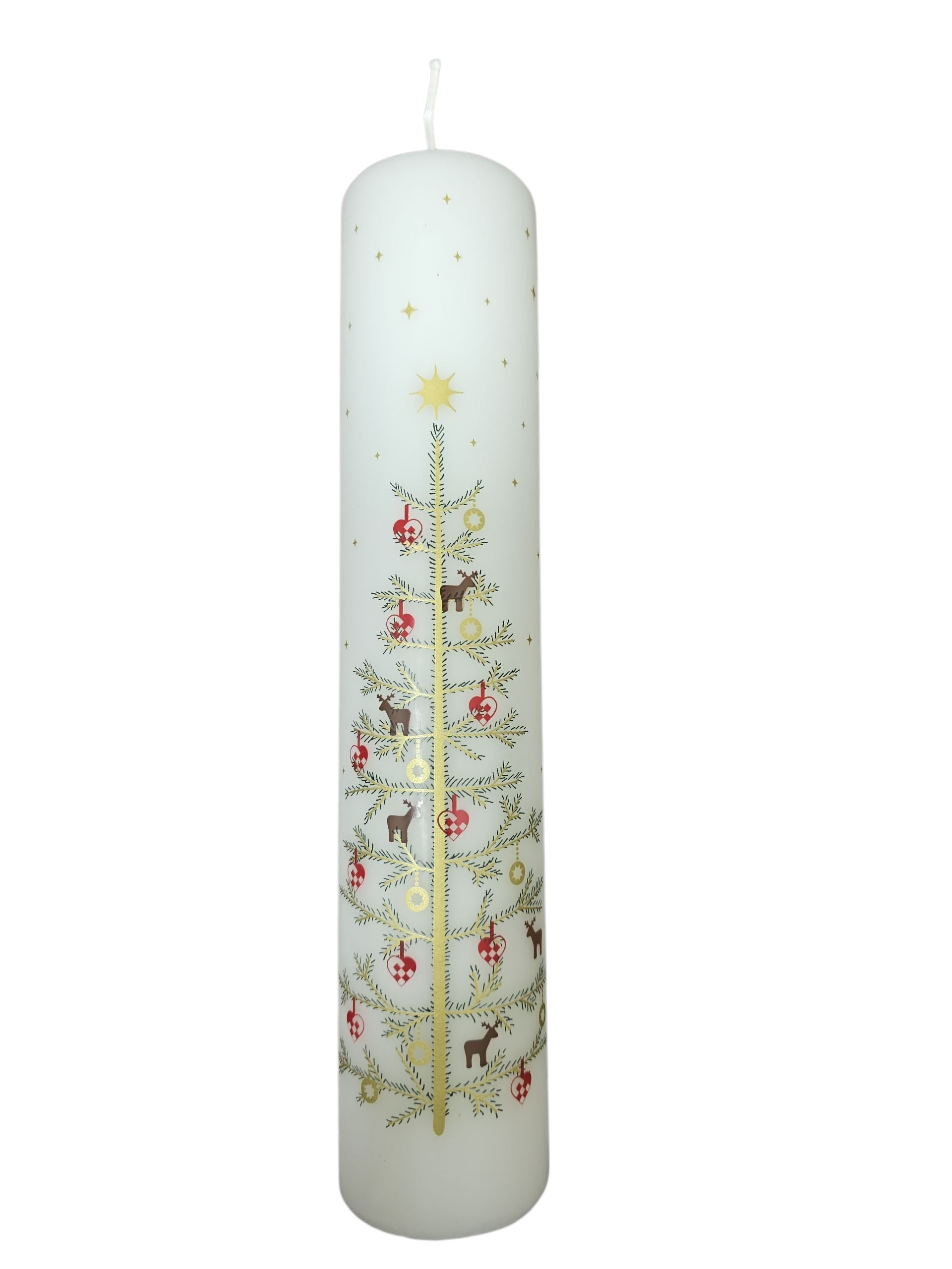 The Advent Pillar Candle—9.5" tall, 2" diameter—features a gold Christmas tree and festive ornaments, making it the perfect holiday accent to bring warmth and cheer to your home.