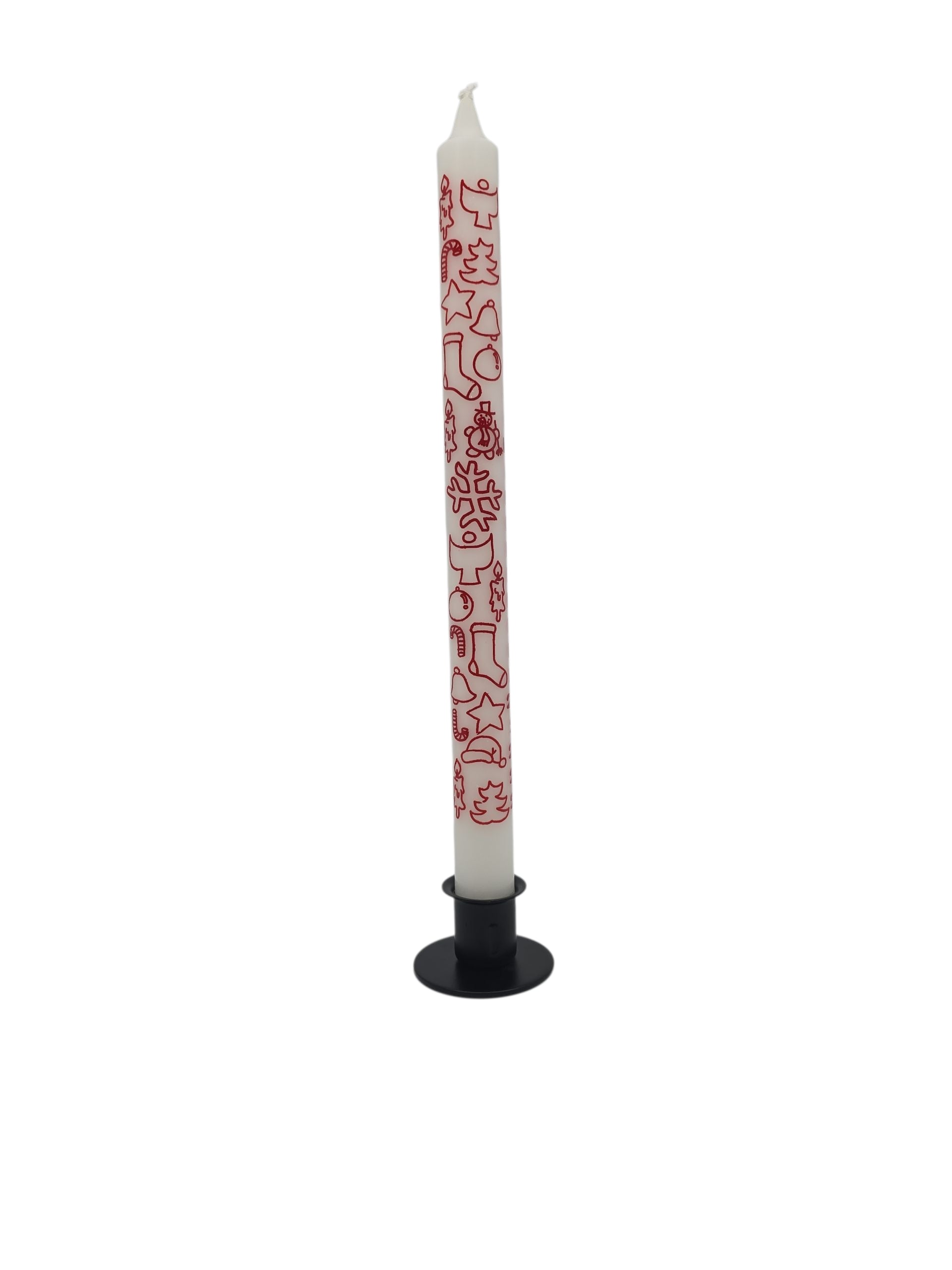 The Candle: Advent Taper Candle White with Red Print 12" Tall stands upright in a small black holder against a white background.