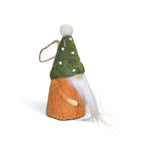 Felted wool Scandinavian tomte ornament with a green hat featuring white dots, orange body, long white beard, and attached hanging loop.
