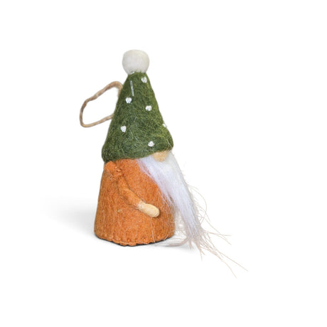 Felted wool Scandinavian tomte ornament with a green hat featuring white dots, orange body, long white beard, and attached hanging loop.