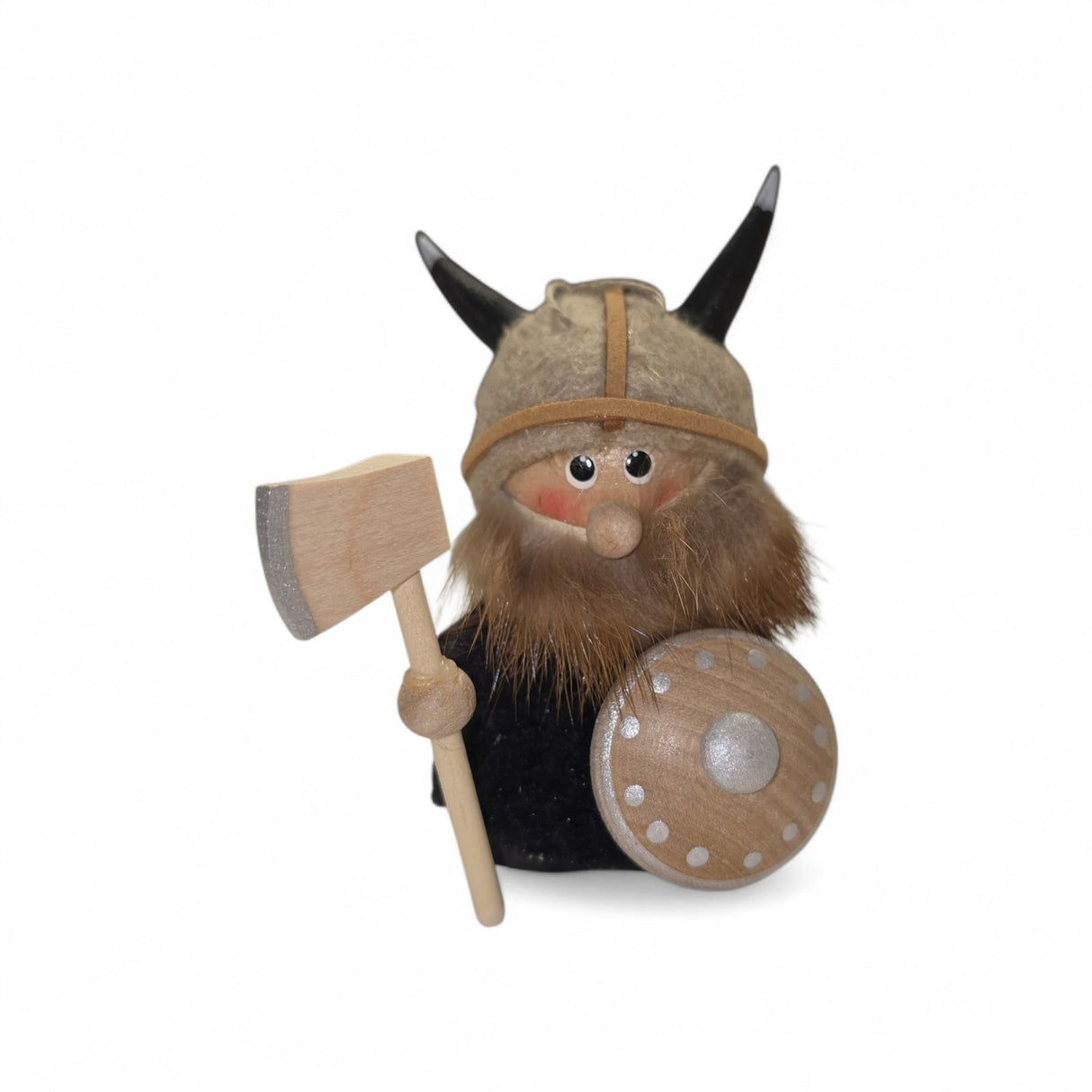 Figurine: Viking Tomte _ Gnome with Helmet Axe and Shield Handcrafted of Wood and Wool in Scandinavia 3.75" tall