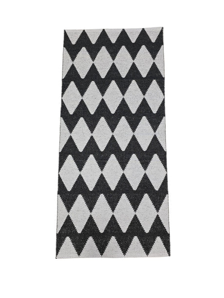 The Vinyl Rug: Horredsmattan - Zigge features a rectangular shape with a black and white diamond pattern plus gray stripes on one side, shown against a white background.