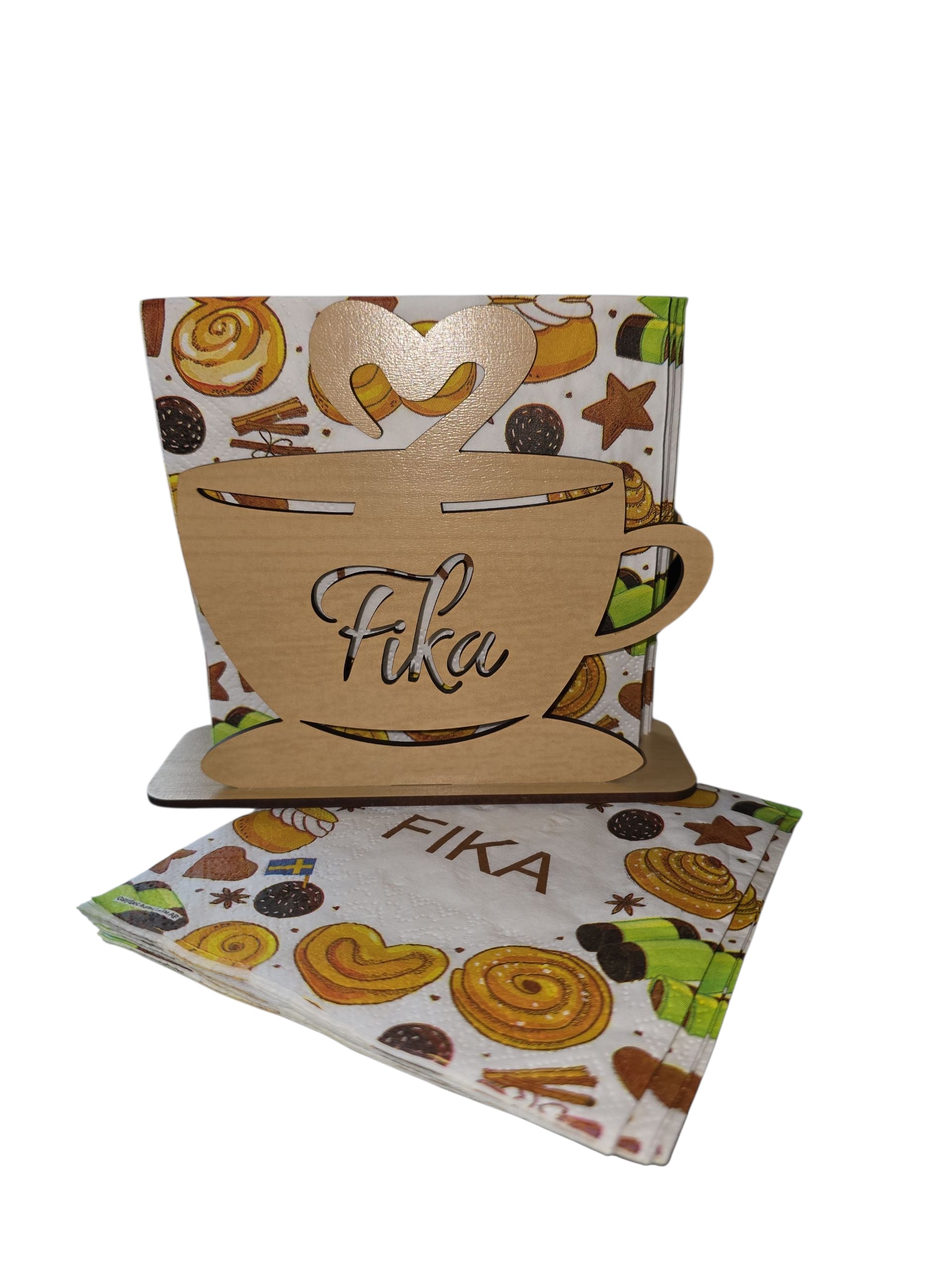 The Napkin Holder - FIKA Coffee Cup Laser Cut Birch, 6" x 5" x 1.75", adds cozy charm as FIKA decor for your table—perfect for holding napkins or letters and featuring stylish cutout details.