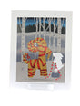 Card: Julbock & Rabbit in the Woods by Lisa Rydin Erickson—a blank card featuring a straw goat with red ribbons and a white rabbit holding a heart garland, set in a snowy birch forest at night. Includes envelope.