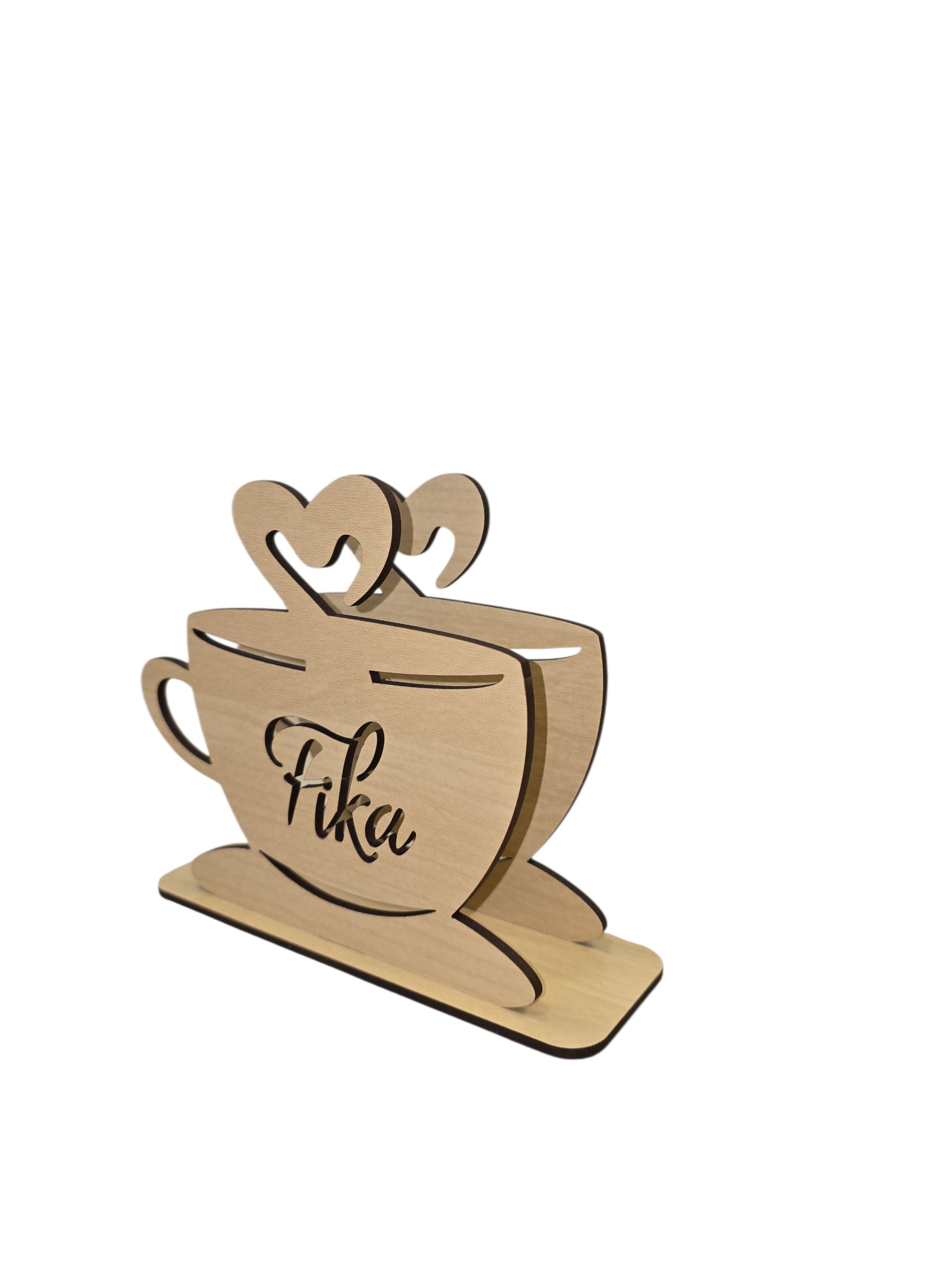 Napkin Holder - FIKA Coffee Cup: Laser-cut birch holder shaped like two coffee cups with heart handles, "Fika" engraved on front. Measures 6"x5"x1.75". Perfect as coffee table decor or for organizing napkins and letters.