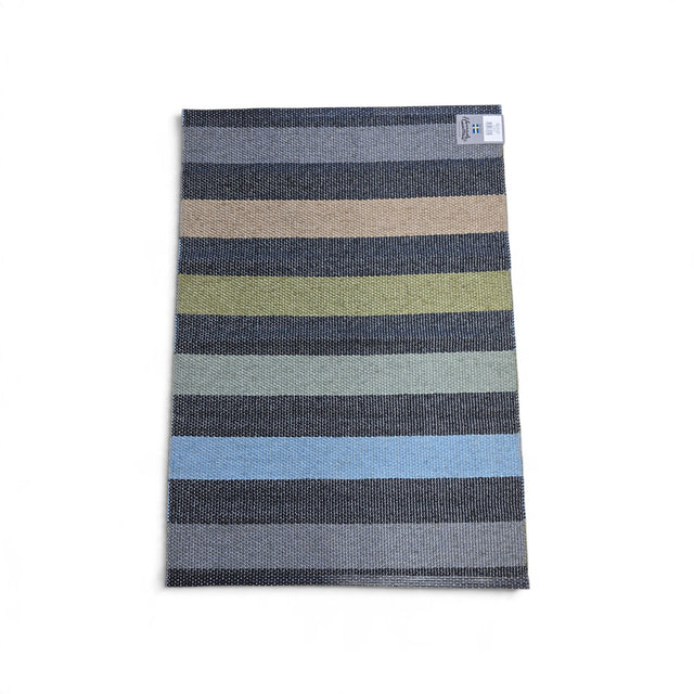 Rectangular woven rug with horizontal stripes in shades of blue, green, grey, and black.
